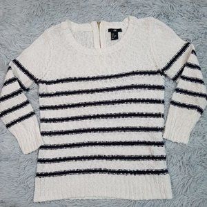 H & M Womens Sweater White Small Stripes‎ Zip Back Cotton Round Neck